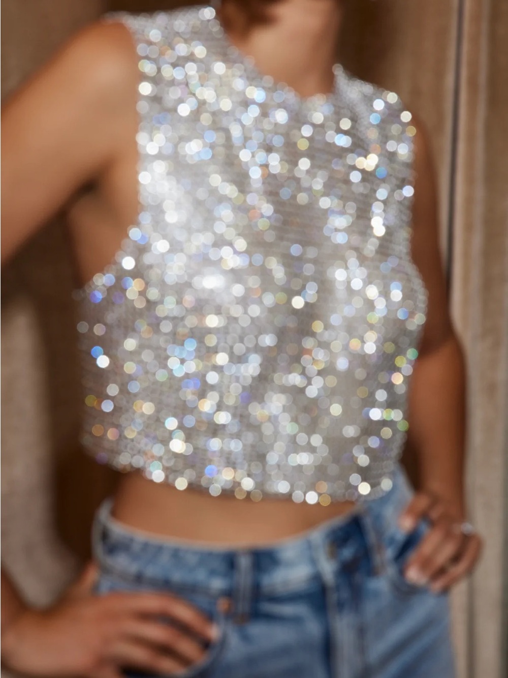 12th Tribe Silver Rhinestone Crop Tank Top - Women